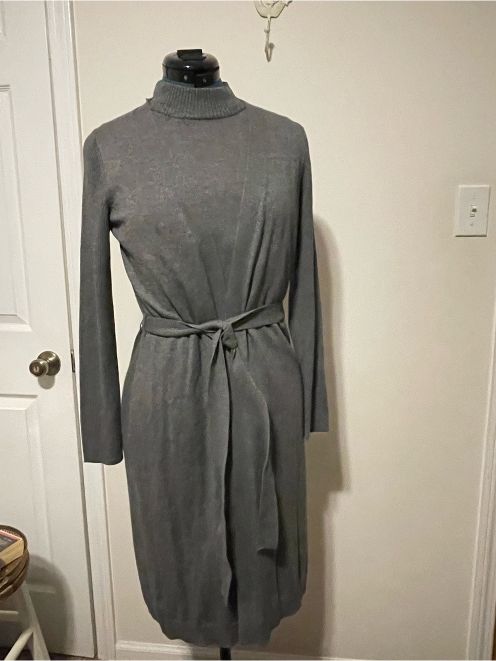 Jones New York Gray Knit Turtleneck Belted Long-Sleeve Dress